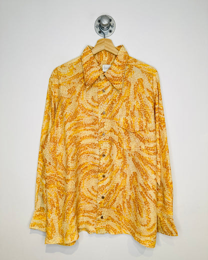 Vintage 1970s Abstract Swirl Brown Long Sleeve One Pocket Button Up Shirt