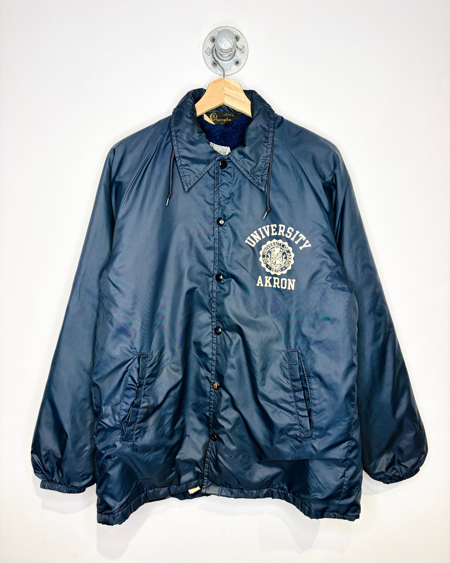Vintage 70s University Of Akron Champion Navy Blue Fleece Lined Coach Jacket