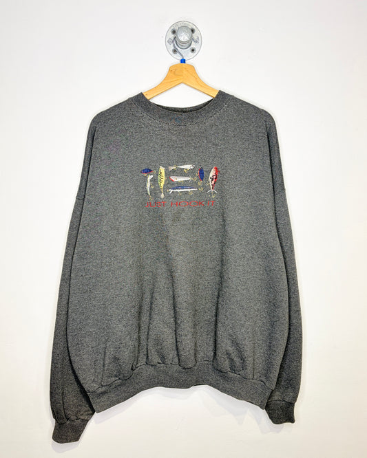 Vintage 2000s Just Hook It Fishing Grey Crewneck Sweatshirt