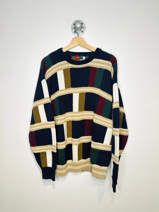 Vintage 2000s Navy Burgundy Green Block Print Cotton Blend Sweater