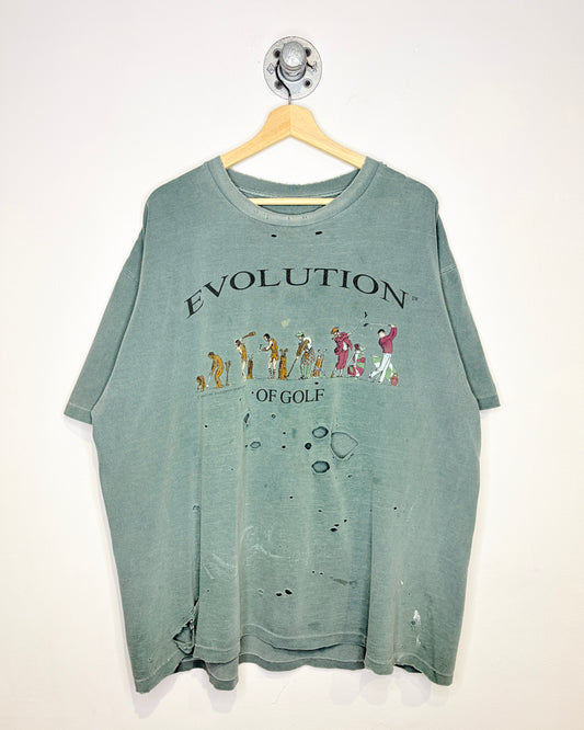 Vintage 1993 Thrashed “Evolution Of Golf” Faded Green Tee Shirt