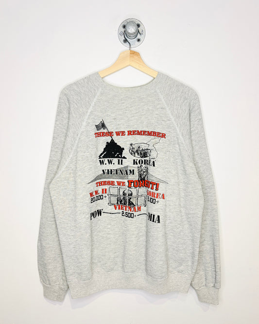 Vintage 80s These We Remember These We Forget! W. W. II Korea Vietnam Grey Crewneck Sweatshirt