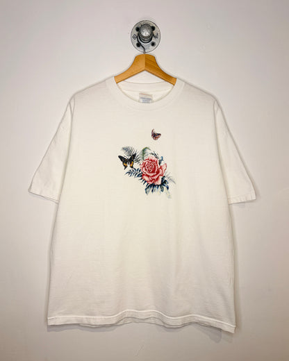 Vintage 2000s Rose & Butterflies White Tee Shirt