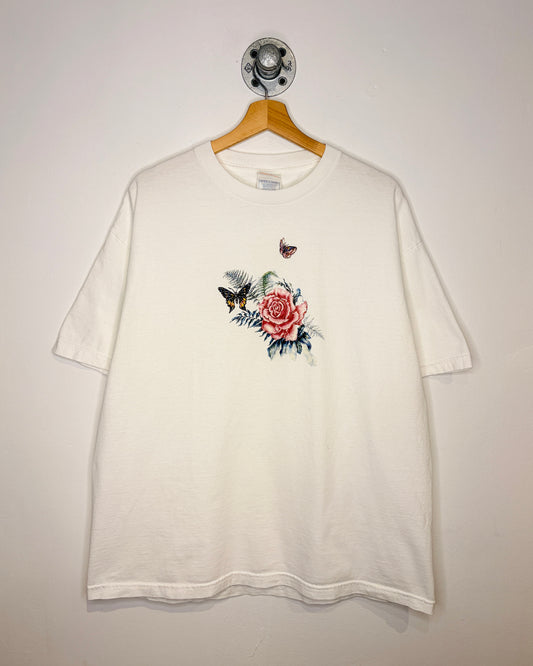 Vintage 2000s Rose & Butterflies White Tee Shirt
