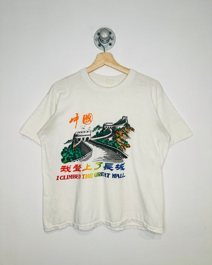 Vintage 80s “I Climbed The Great Wall” Paper Thin White Tee Shirt