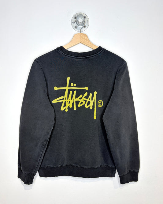 2000s Stussy Gold Logo Faded Black Crewneck Sweatshirt