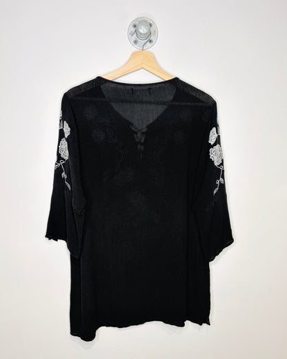 Floral Embroidery Black And White Tie Up Women’s Top