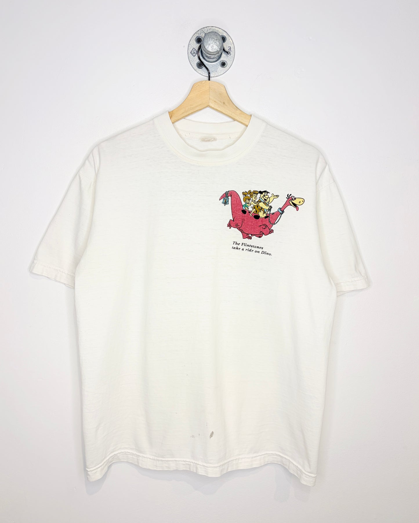 Vintage 90s The Flintstones Take A Ride On Dino White Tee Shirt