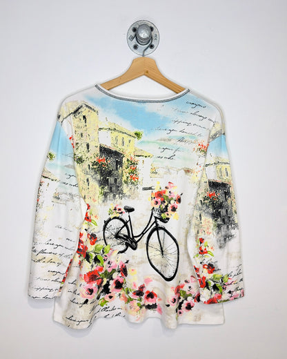 Jess & Jane Bicycle And Flowers Rhinestone Graphic Print Tee Shirt