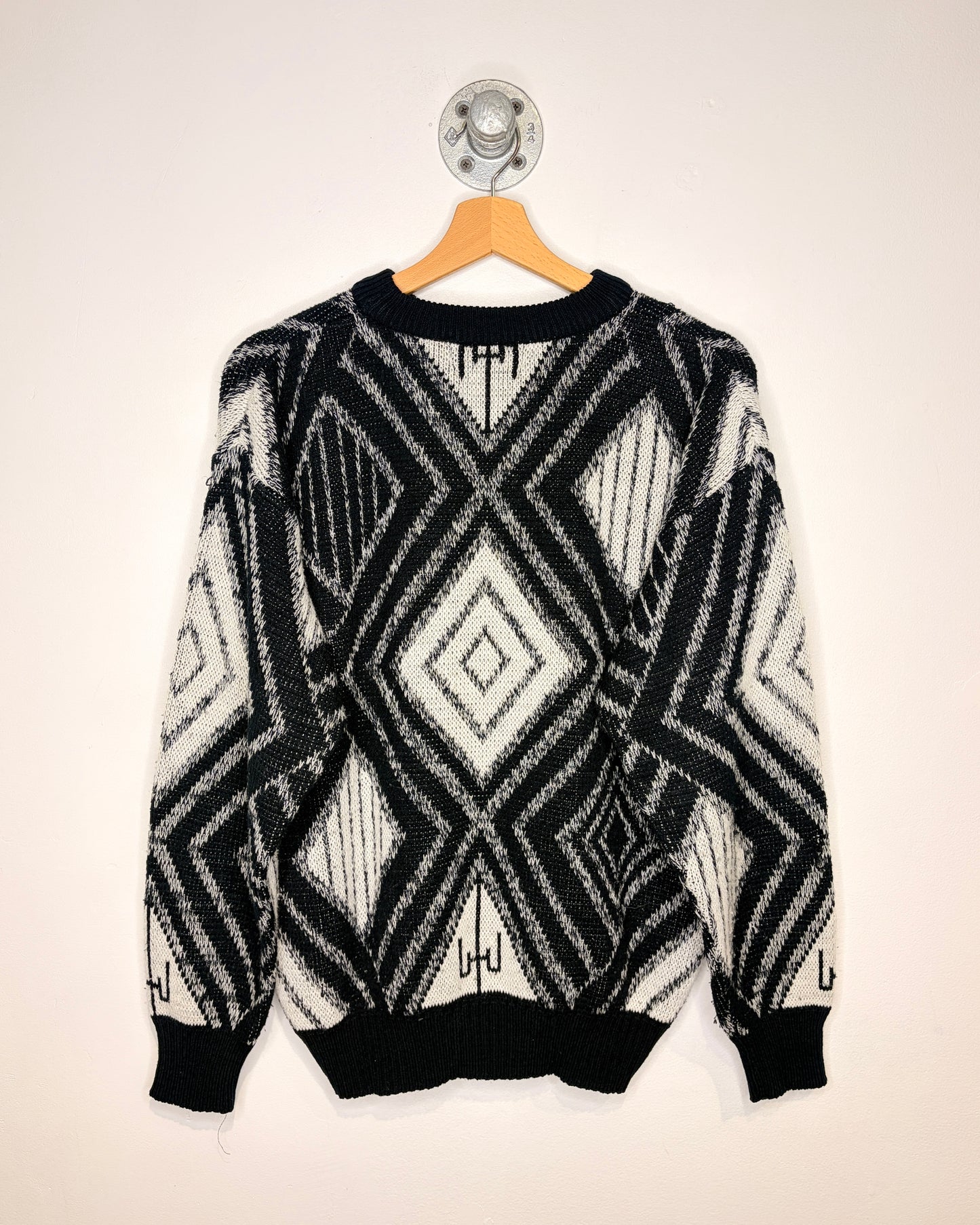 Vintage 90s Campus Black Abstract Pattern Sweater