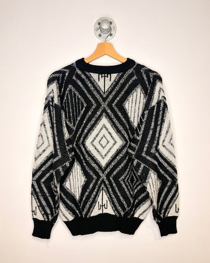 Vintage 90s Campus Black Abstract Pattern Sweater