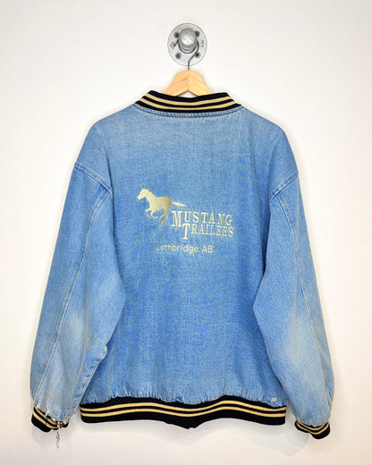 Vintage 90s Mustang Trailers Fleece Lined Denim Bomber Jacket