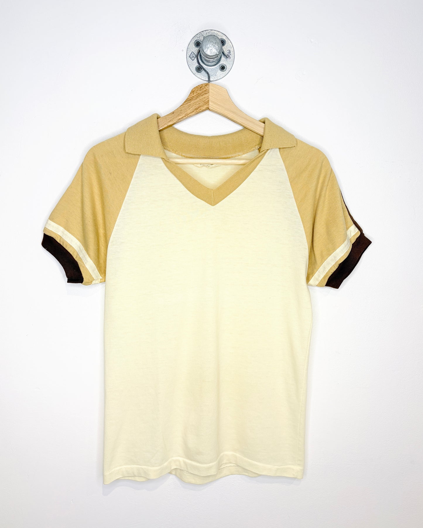 Vintage 70s Sears TwoTone Tan V-Neck Polo Shirt