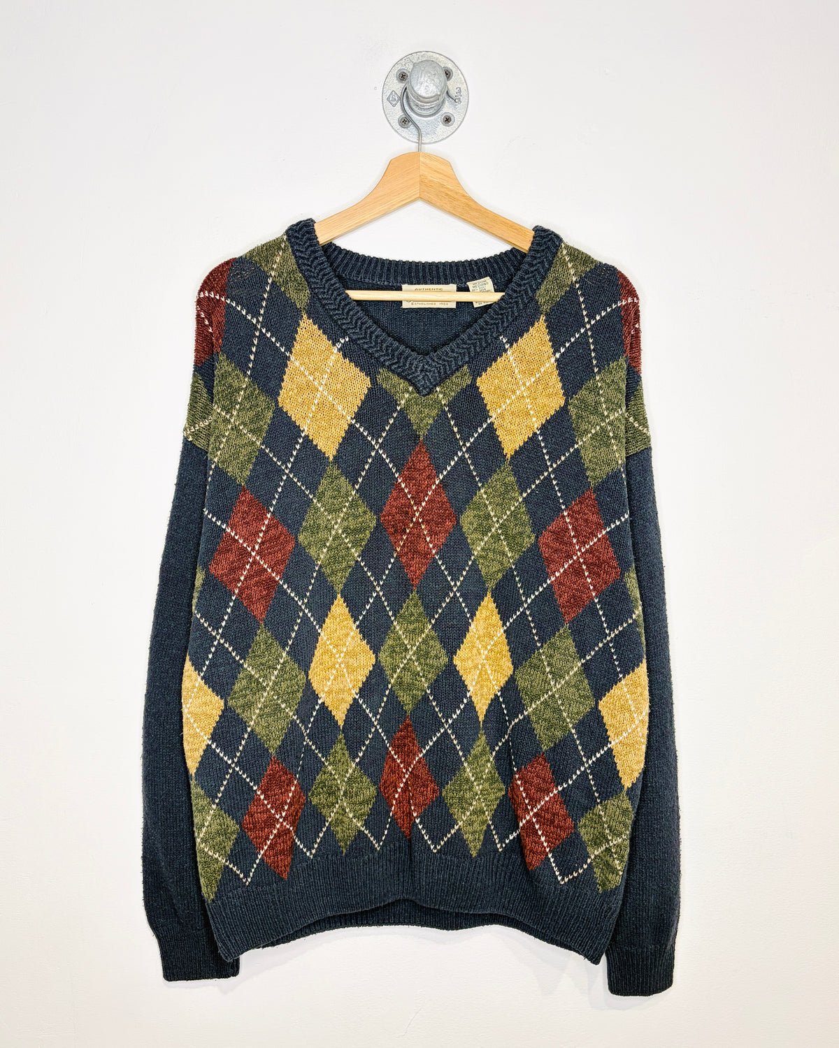 Vintage 90s St. John’s Bay Argyle Navy V-Neck Sweater