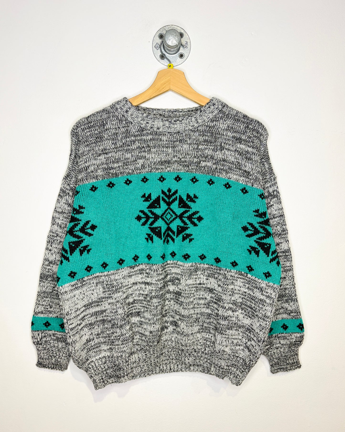 Vintage 1990s Mister Noah Grey And Green Snowflake Print Acrylic Sweater