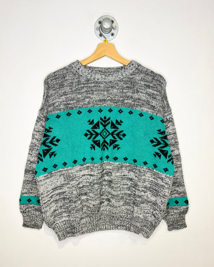 Vintage 1990s Mister Noah Grey And Green Snowflake Print Acrylic Sweater