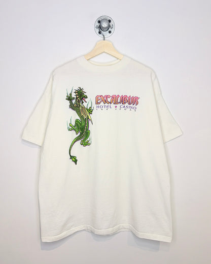 Vintage 1990s Excalibur Hotel & Casino Airbrush Style Dragon Tourist White Tee Shirt