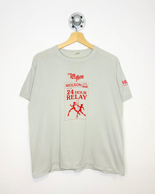 Vintage 80s Molson 24 Hour Relay Grey Ringer Tee Shirt