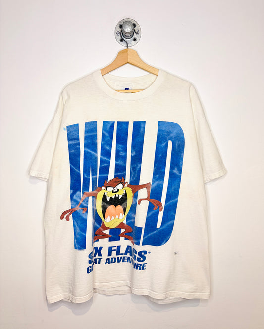 Vintage 1995 Taz Wild Six Flags White Tee Shirt