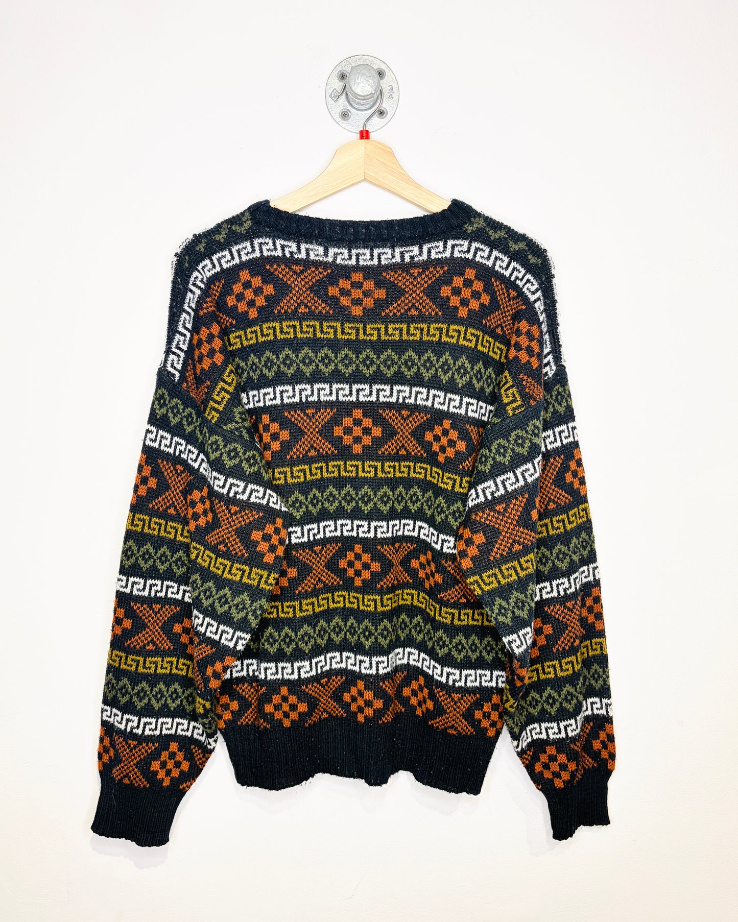 Vintage 1990s Jonathan Bryan Green and Orange Aztec Print Acrylic Sweater