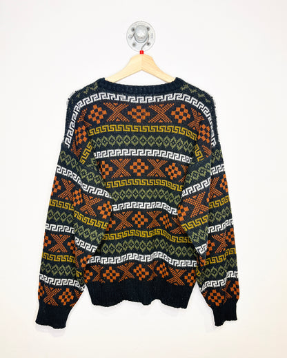 Vintage 1990s Jonathan Bryan Green and Orange Aztec Print Acrylic Sweater