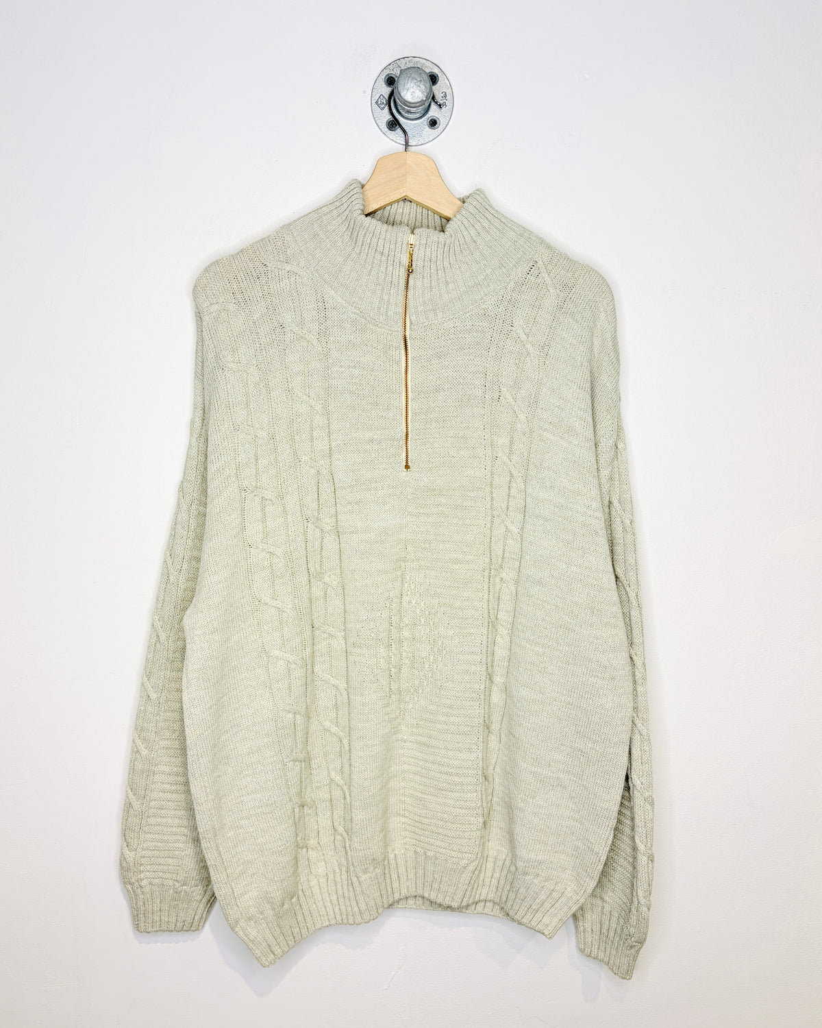 Vintage 90s Knights Of Round Table Tan Cable Knit 1/4 Zip Sweater
