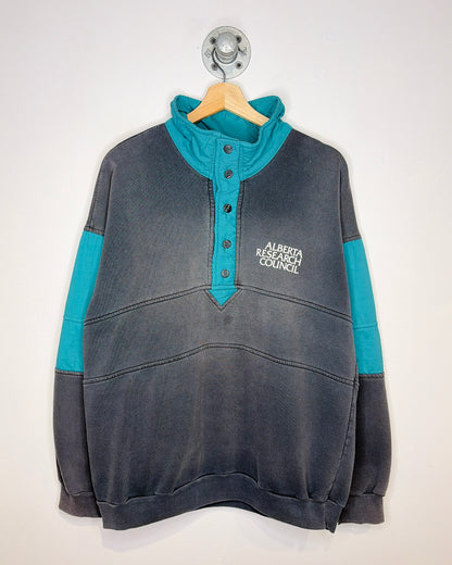 Vintage 80s Alberta Research Council Faded Black & Teal 1/4 Button Sweatshirt