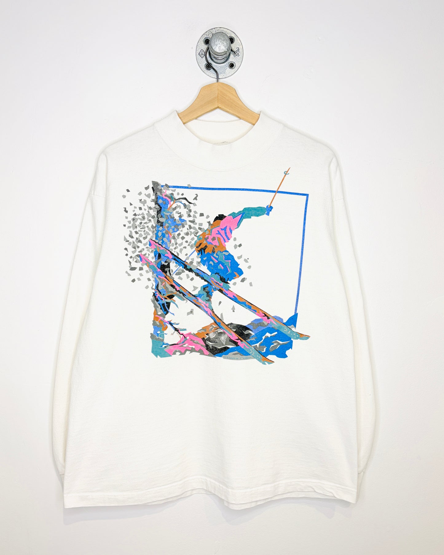 Vintage 90s Andrew Carson Ski Graphic White Mock-Neck Longsleeve Shirt
