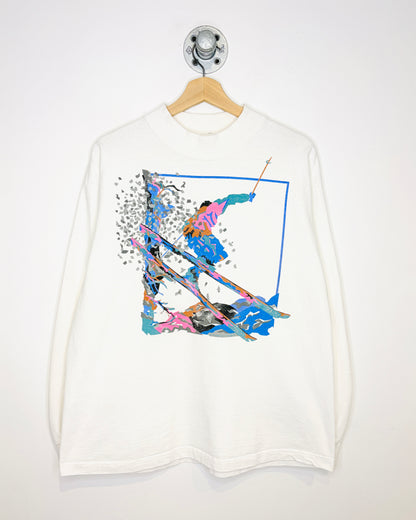 Vintage 90s Andrew Carson Ski Graphic White Mock-Neck Longsleeve Shirt