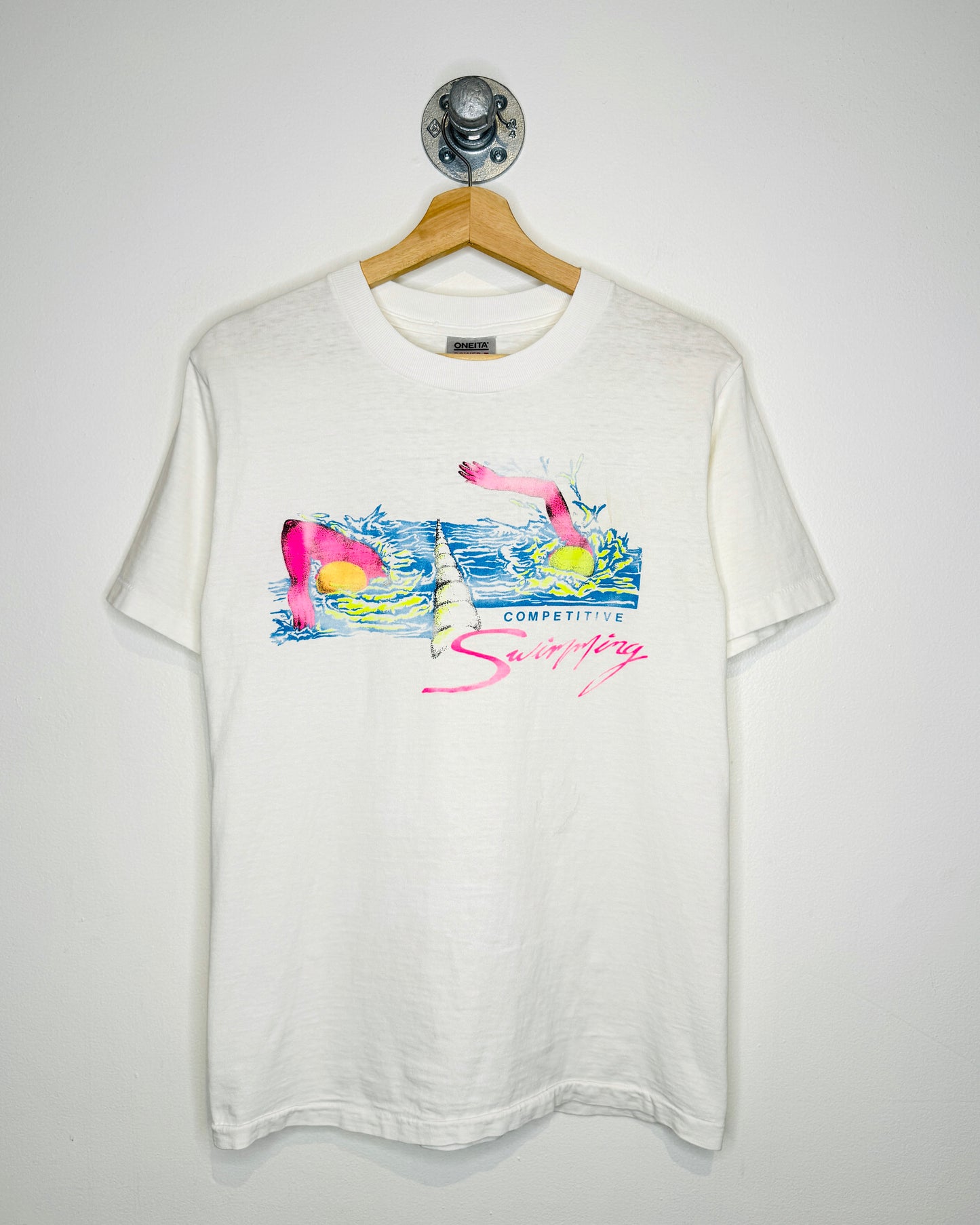 Vintage 90s Competitive Swimming White Tee Shirt