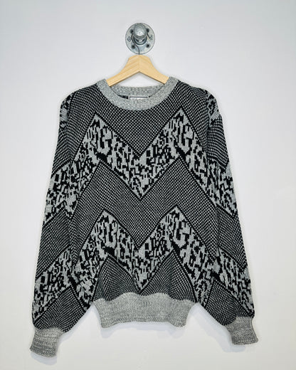 Vintage Late 1980s Chartwell Grey And Black M Patterned Acrylic Sweater