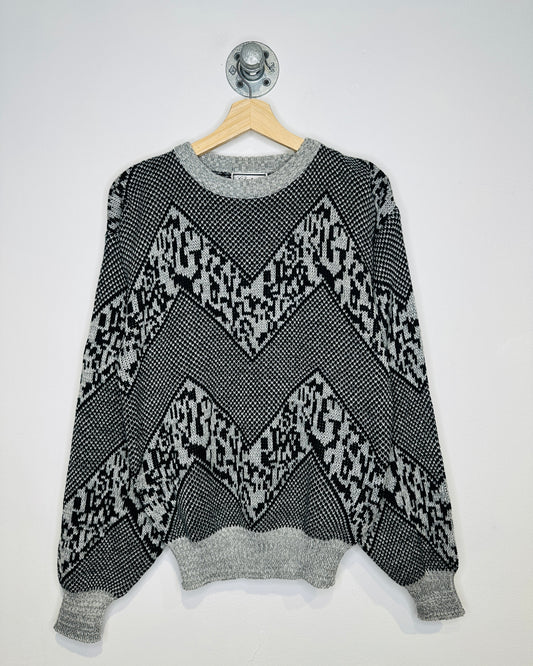 Vintage Late 1980s Chartwell Grey And Black M Patterned Acrylic Sweater