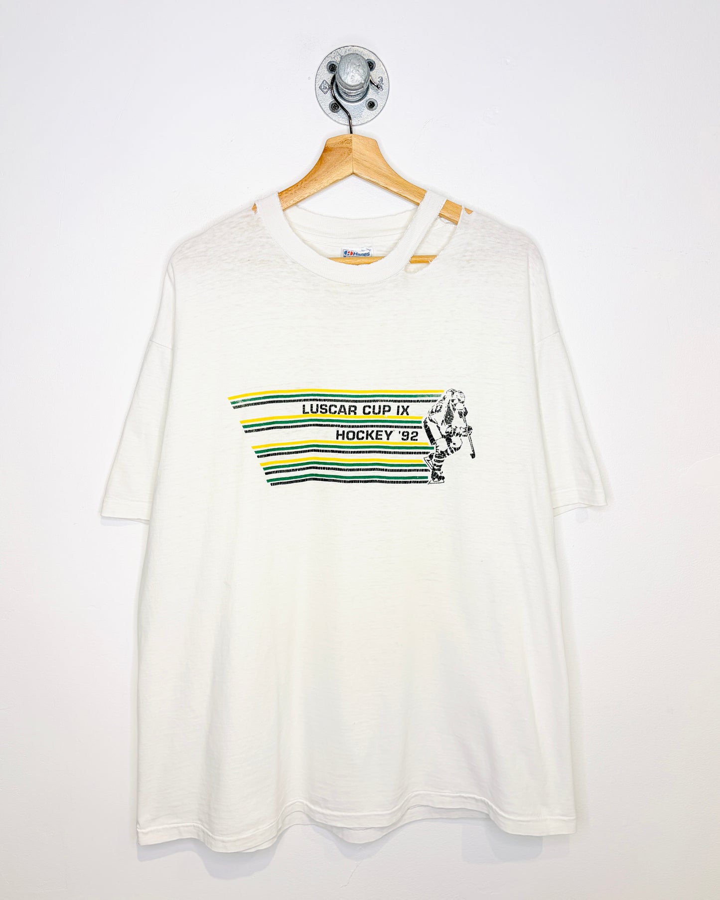 Vintage 1992 Luscar Hockey Distressed White Tee Shirt