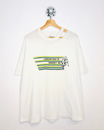 Vintage 1992 Luscar Hockey Distressed White Tee Shirt