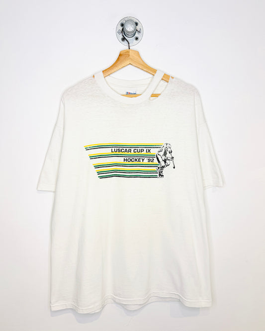Vintage 1992 Luscar Hockey Distressed White Tee Shirt