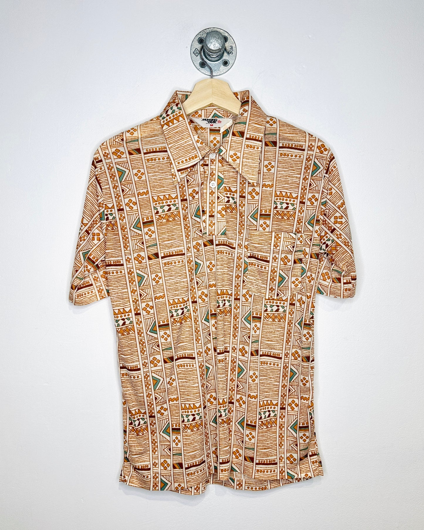 Vintage 1970s Munsing Wear Aztec Print Blue And Brown Nylon Polo