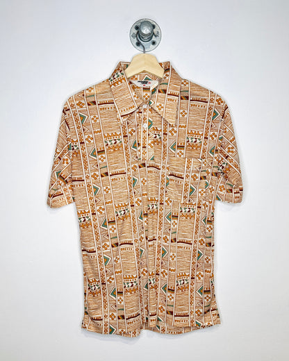 Vintage 1970s Munsing Wear Aztec Print Blue And Brown Nylon Polo