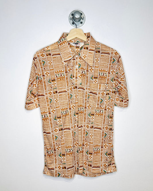 Vintage 1970s Munsing Wear Aztec Print Blue And Brown Nylon Polo