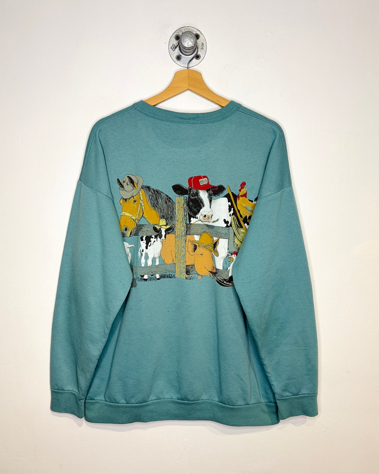 Vintage 90s Calgary Canada Farm Animals Teal Crewneck Sweatshirt