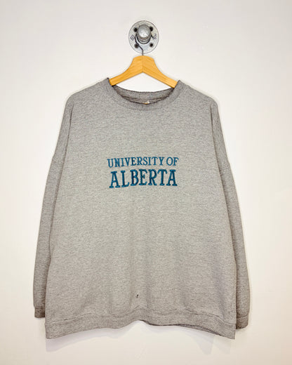 Vintage 90s Distressed University Of Alberta Embroidered Grey Crewneck Sweatshirt