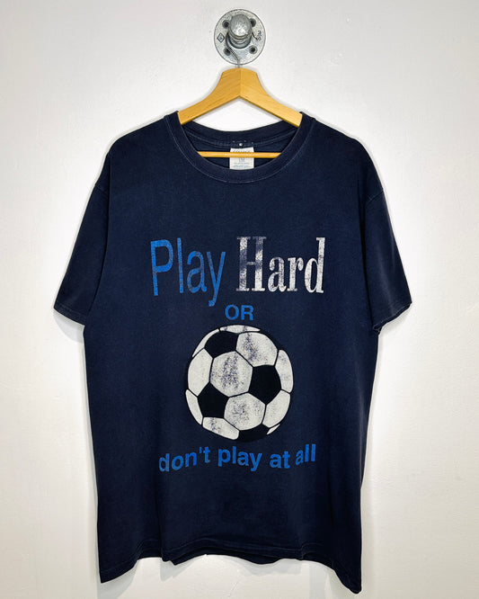 Vintage Play Hard Soccer Navy Blue Tee Shirt