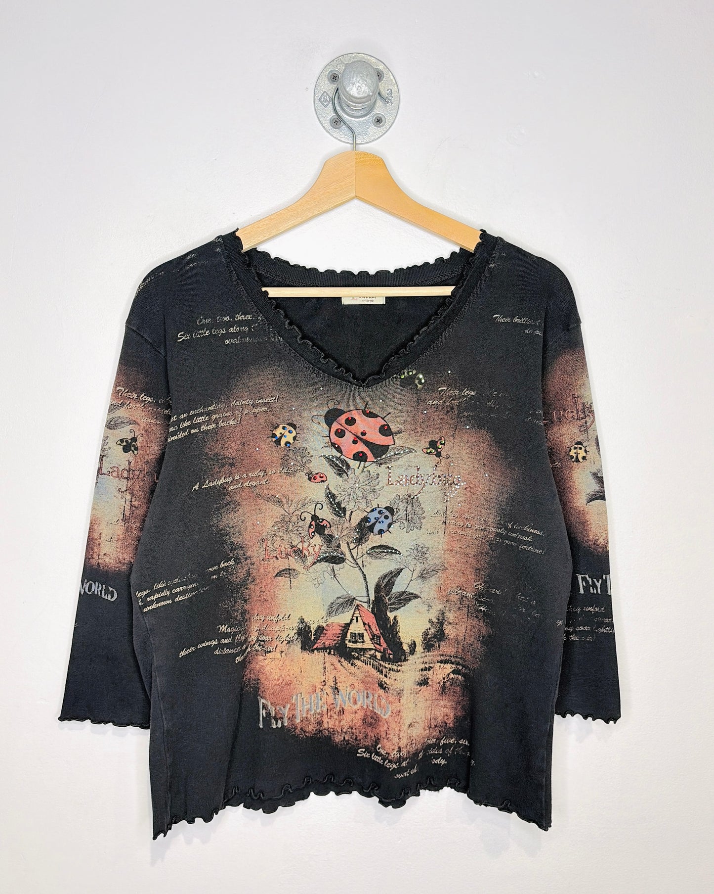 Lady Bug “Fly The World” Rhinestone Black Graphic Print Tee Shirt