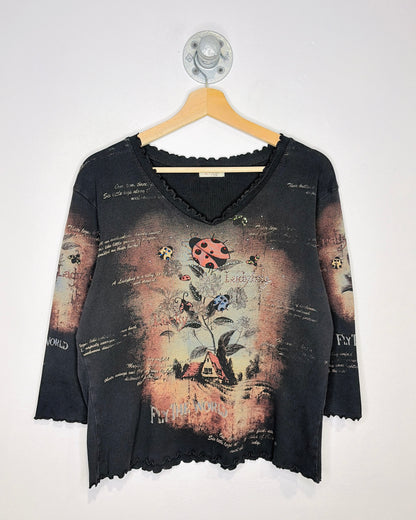 Lady Bug “Fly The World” Rhinestone Black Graphic Print Tee Shirt