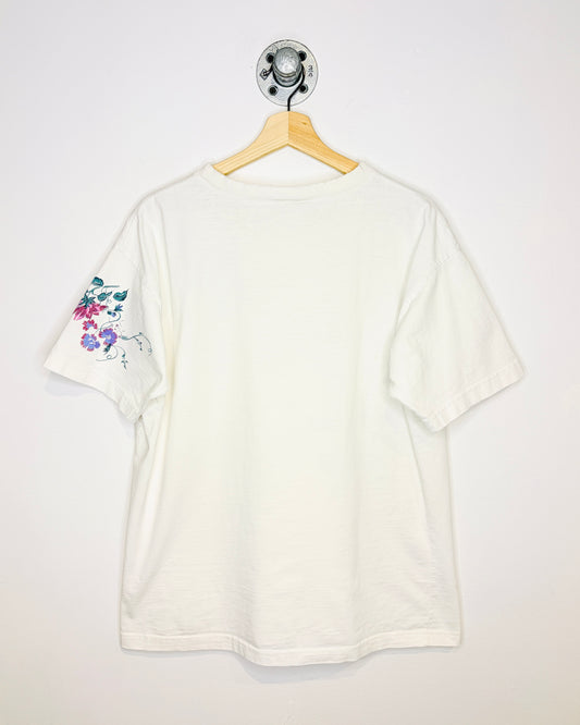 Vintage Floral Print Distressed White Tee Shirt