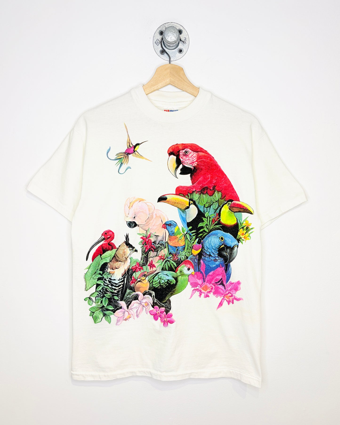 Vintage 90s Tropical Birds White Tee Shirt