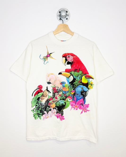 Vintage 90s Tropical Birds White Tee Shirt