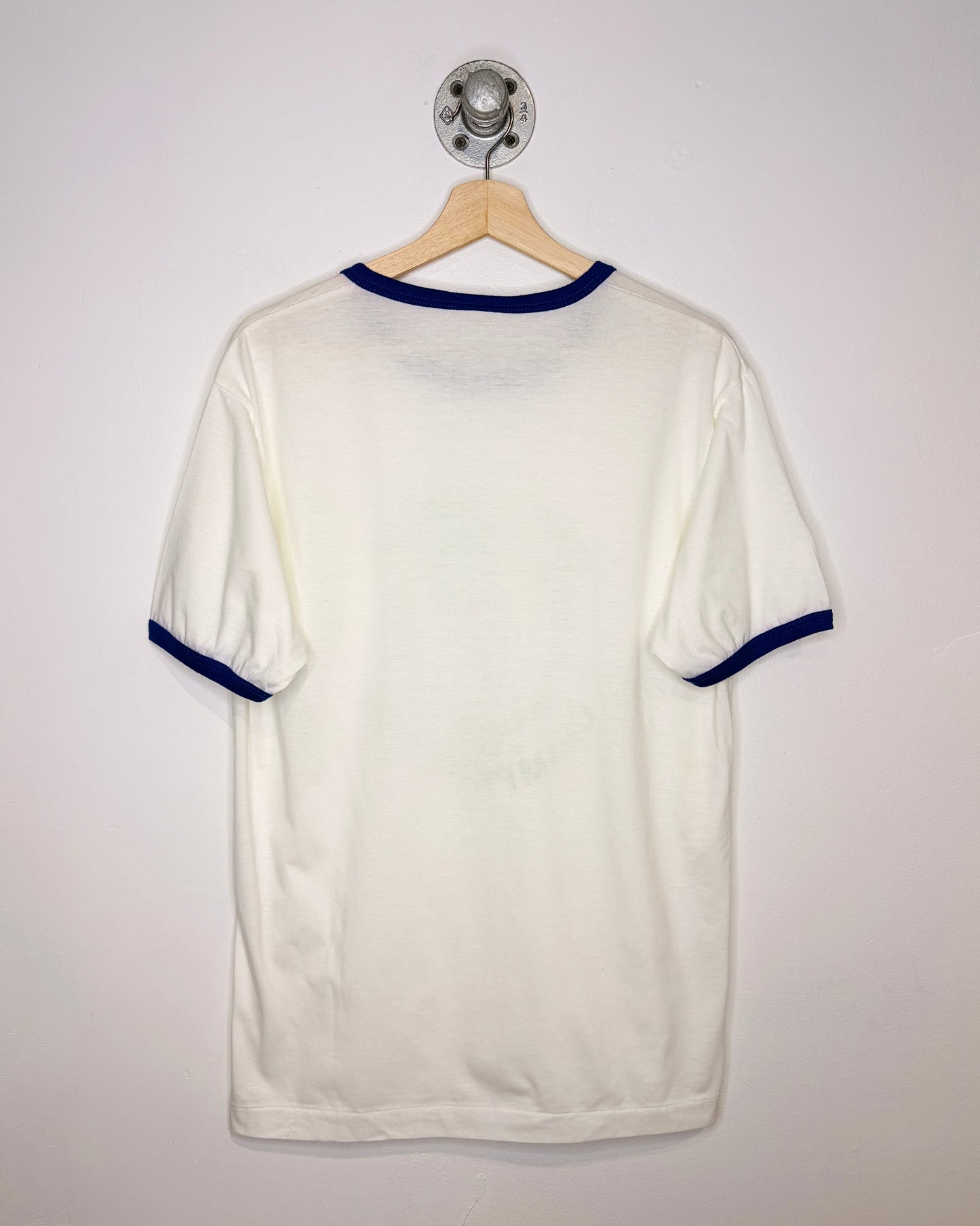 Vintage 1990 Alberta Badminton White & Blue Ringer Tee Shirt