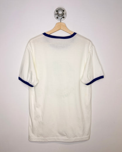 Vintage 1990 Alberta Badminton White & Blue Ringer Tee Shirt