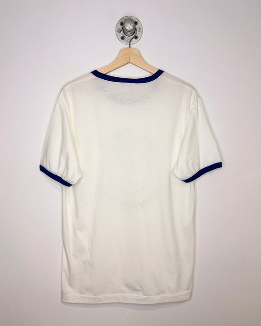 Vintage 1990 Alberta Badminton White & Blue Ringer Tee Shirt