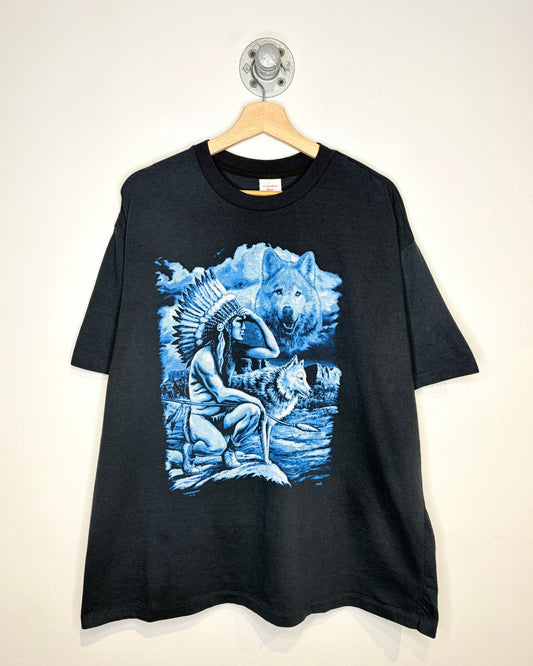 Vintage 90s Indigenous Art Wolf Landscape Black Tee Shirt